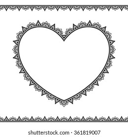 Set of seamless borders and heart for design, application of henna, Mehndi and tattoo. Decorative pattern in ethnic oriental style.