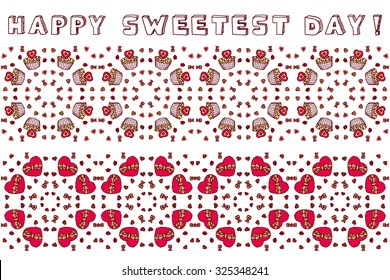 Set of seamless borders with heart shaped chocolate boxes and cupcakes for Happy Sweetest Day 