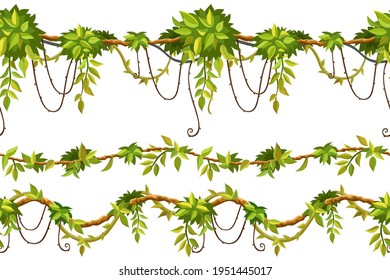 Set of seamless borders liana branches and tropical leaves. Game cartoon elements of creeper jungle. Isolated vector illustration on white background.