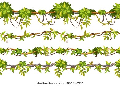 Set of seamless borders liana branches and tropical leaves. Game cartoon elements of creeper jungle. Isolated vector illustration on white background.