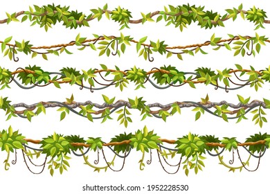 Set of seamless borders liana branches and tropical leaves. Game cartoon elements of creeper jungle. Isolated vector illustration on white background.