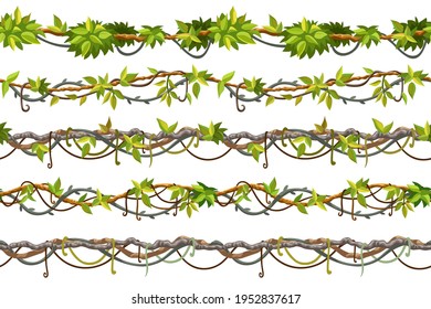 Set of seamless borders liana branches and tropical leaves. Game cartoon elements of creeper jungle. Isolated vector illustration on white background.