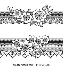 Set of seamless borders pattern with Mehndi flower for Henna drawing and tattoo. Decoration in ethnic oriental, Indian style. Doodle ornament. Outline hand draw vector illustration.