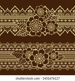 Set of seamless borders pattern with Mehndi flower for Henna drawing and tattoo. Decoration in ethnic oriental, Indian style. Doodle ornament. Outline hand draw vector illustration.