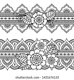 Set of seamless borders pattern with Mehndi flower for Henna drawing and tattoo. Decoration in ethnic oriental, Indian style. Doodle ornament. Outline hand draw vector illustration.