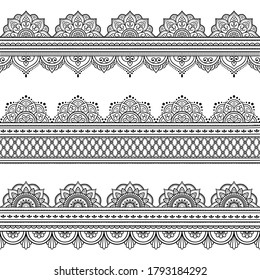 Set of Seamless borders pattern for Mehndi, Henna drawing and tattoo. Decoration in ethnic oriental, Indian style. Doodle ornament. Outline hand draw vector illustration.