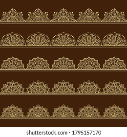 Set of Seamless borders pattern for Mehndi, Henna drawing and tattoo. Decoration in ethnic oriental, Indian style. Doodle ornament. Outline hand draw vector illustration.