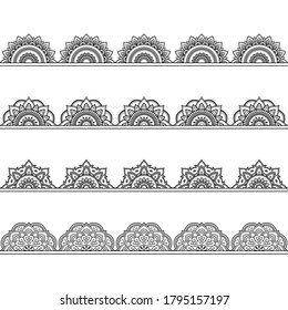 Set of Seamless borders pattern for Mehndi, Henna drawing and tattoo. Decoration in ethnic oriental, Indian style. Doodle ornament. Outline hand draw vector illustration.