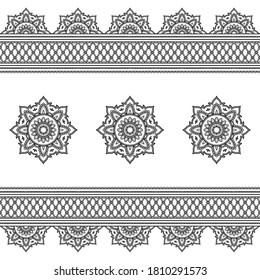 Conjunto de patrones de fronteras sin foco para el dibujo y tatuaje de Mehndi, Henna. Decoración de estilo étnico oriental, indio. Ornamento de perro. Ilustración vectorial de dibujo manual de contorno.