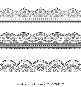 Set von Nahtlosen Grenzmustern für Mehndi, Henna Zeichnung und Tattoo. Dekoration im orientalischen, indischen Stil. Doodle-Ornament. Umfassende Hand ziehen Vektorgrafik.