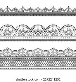 Set of Seamless borders pattern for Mehndi, Henna drawing and tattoo. Decoration in ethnic oriental, Indian style. Doodle ornament. Outline hand draw vector illustration.