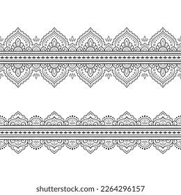 Set of Seamless borders pattern for Mehndi, Henna drawing and tattoo. Decoration in ethnic oriental, Indian style. Doodle ornament. Outline hand draw vector illustration.