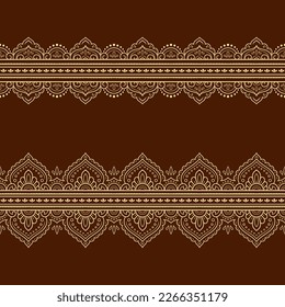 Conjunto de patrones de fronteras sin foco para el dibujo y tatuaje de Mehndi, Henna. Decoración de estilo étnico oriental, indio. Ornamento de perro. Ilustración vectorial de dibujo manual de contorno.