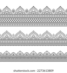 Set of Seamless borders pattern for Mehndi, Henna drawing and tattoo. Decoration in ethnic oriental, Indian style. Doodle ornament. Outline hand draw vector illustration.
