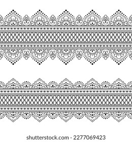 Set of Seamless borders pattern for Mehndi, Henna drawing and tattoo. Decoration in ethnic oriental, Indian style. Doodle ornament. Outline hand draw vector illustration.