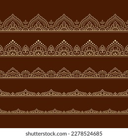 Set of Seamless borders pattern for Mehndi, Henna drawing and tattoo. Decoration in ethnic oriental, Indian style. Doodle ornament. Outline hand draw vector illustration.
