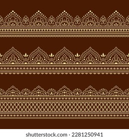 Set of Seamless borders pattern for Mehndi, Henna drawing and tattoo. Decoration in ethnic oriental, Indian style. Doodle ornament. Outline hand draw vector illustration.