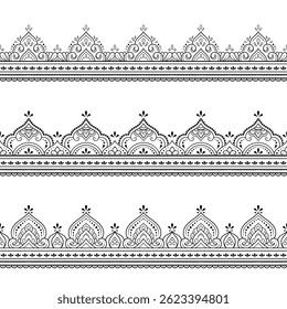 Conjunto de padrão de bordas sem emenda para Mehndi, Henna desenho e tatuagem. Decoração em estilo étnico oriental, indiano. Doodle ornamento. Ilustração vetorial de desenho à mão do contorno.