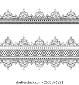 Conjunto de padrão de bordas sem emenda para Mehndi, Henna desenho e tatuagem. Decoração em estilo étnico oriental, indiano. Doodle ornamento. Ilustração vetorial de desenho à mão do contorno.