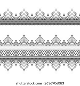 Set of Seamless borders pattern for Mehndi, Henna drawing and tattoo. Decoration in ethnic oriental, Indian style. Doodle ornament. Outline hand draw vector illustration.