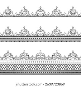 Set of Seamless borders pattern for Mehndi, Henna drawing and tattoo. Decoration in ethnic oriental, Indian style. Doodle ornament. Outline hand draw vector illustration.