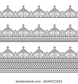 Set of Seamless borders pattern for Mehndi, Henna drawing and tattoo. Decoration in ethnic oriental, Indian style. Doodle ornament. Outline hand draw vector illustration.