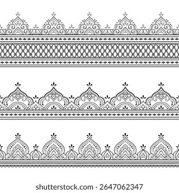 Set of Seamless borders pattern for Mehndi, Henna drawing and tattoo. Decoration in ethnic oriental, Indian style. Doodle ornament. Outline hand draw vector illustration.