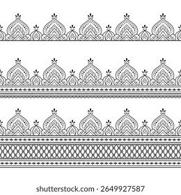 Set of Seamless borders pattern for Mehndi, Henna drawing and tattoo. Decoration in ethnic oriental, Indian style. Doodle ornament. Outline hand draw vector illustration.