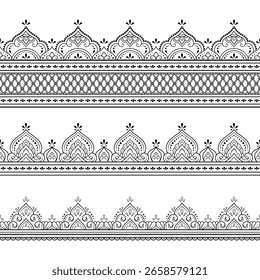 Conjunto de padrão de bordas sem emenda para Mehndi, Henna desenho e tatuagem. Decoração em estilo étnico oriental, indiano. Doodle ornamento. Ilustração vetorial de desenho à mão do contorno.