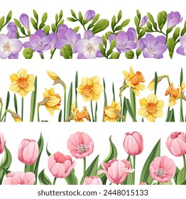 Set of seamless borders of spring flowers on isolated background. Background of daffodils, tulips, freesia for decorating cards, banners, posters, invitations, etc.