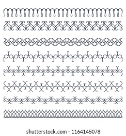 Set of seamless  borders. A template for printing postcards, invitations, books, for textiles, engraving, wooden furniture, forging. Vector.