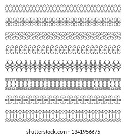 Set of seamless  borders. A template for printing postcards, invitations, books, for textiles, engraving, wooden furniture, forging. Vector.