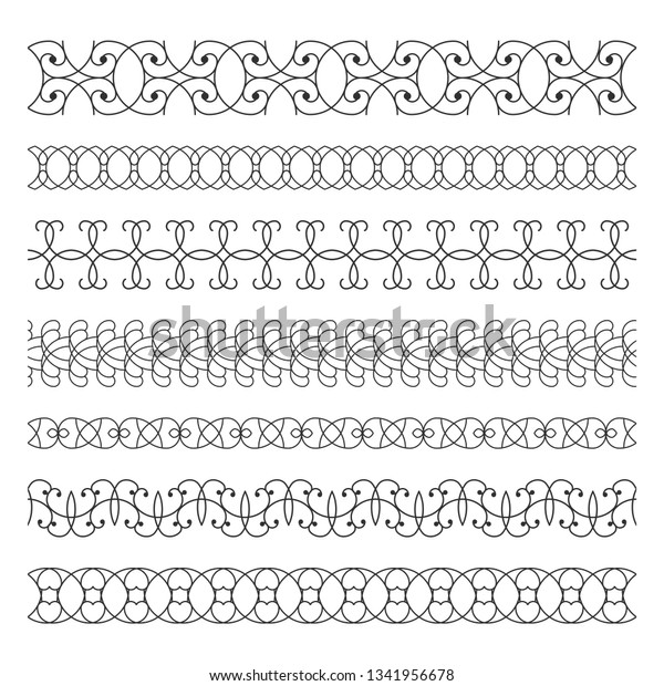 Set of seamless  borders. A template for\
printing postcards, invitations, books, for textiles, engraving,\
wooden furniture, forging.\
Vector.