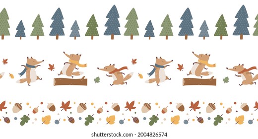 Set of seamless borders with trees, cute fox characters, fall leaves, and acorns. Cartoon style vector illustration.