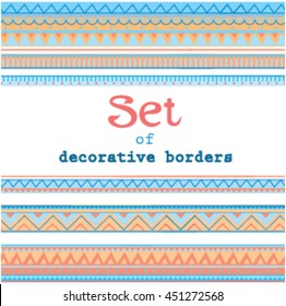 Set of seamless borders. Vector seamless textures.Isolated.Geometric, aztec, ethnic, boho, folf, abstract borders. Clip art for design.