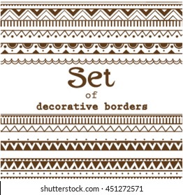 Set of seamless borders. Vector seamless textures.Isolated.Geometric, aztec, ethnic, boho, folf, abstract borders. Clip art for design.