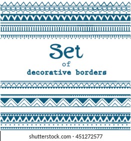 Set of seamless borders. Vector seamless textures.Isolated.Geometric, aztec, ethnic, boho, folf, abstract borders. Clip art for design.