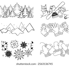 Set of seamless borders in winter sports theme. Graphic line silhouettes of pine trees, mountains, snowflakes, ski equipment  Graphic line stock vector.

