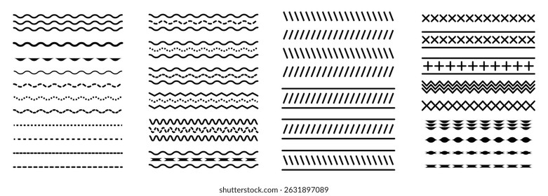 Set of seamless borders zigzag, cross, plus, etc. Graphic design elements. Set of wavy horizontal lines. Vector border design element. 