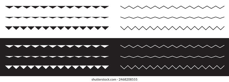 Set of seamless borders zigzag. Graphic design elements.  isolated on white and black background. Vector illustration . EPS 10 