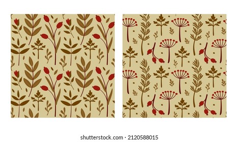 Set of seamless botanical pattern in flat romantic vintage style. For natural cosmetics, merch, card, marketing, wedding invitation,  postcard, cover. Green plants, flowers and leaves, red berries.