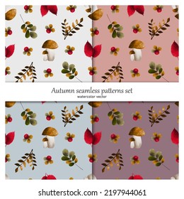 Set of seamless botanical patterns. Autumn leaves, mushrooms, berries. Watercolor vector.