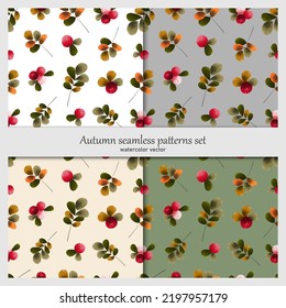 Set of seamless botanical patterns. Cranberries, lingonberries. Watercolor vector.