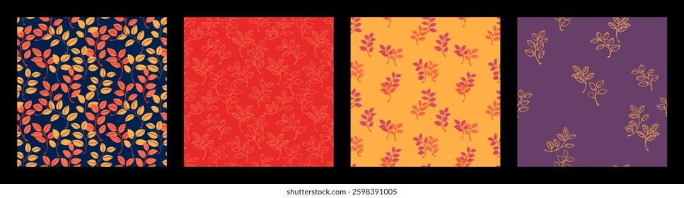 A set of seamless botanical patterns featuring leaves in vibrant autumn-inspired colors on diverse backgrounds. Perfect for seasonal designs, textiles, wallpapers, and decorative projects.