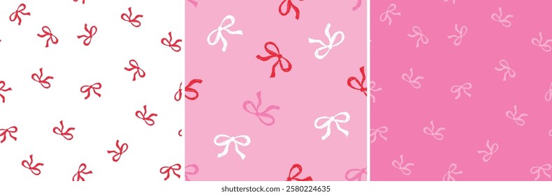 set of seamless bow vector print. Knots and ribbons. pink red white cute sketchy hand drawn illustration. valentines holiday fashion, stationary, greeting pattern. girly prints. background drawing.