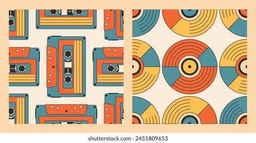 Set von nahtlosen hellen Farbmustern mit Musikaufnahmen in verschiedenen Farben und alten Kassetten-Tapes im Retro-Groovy-Stil, Vintage. Hintergrund 60er, 70er, 80er, 90er Jahre. Vektorillustration EPS10