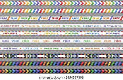 Set of seamless bright colorful realistic ribbons with rainbow and text - Pride Month, Pride Day. Collection of endless barricade tapes, stripes for LGBTQ+ community isolated on transparent background