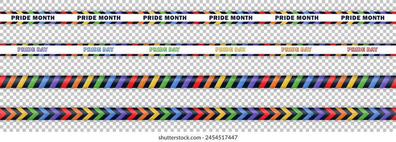 Set of seamless bright colorful realistic ribbons with rainbow and text - Pride Month, Pride Day. Collection of endless barricade tapes, stripes for LGBTQ+ community isolated on transparent background