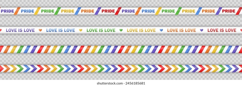 Set of seamless bright colorful realistic ribbons with rainbow and text - Pride Month, Pride Day. Collection of endless barricade tapes, stripes for LGBTQ+ community isolated on transparent background