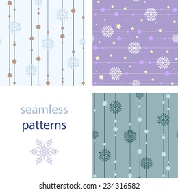 Set of seamless bright festive winter pattern with straight lines, beads and carved blue snowflakes